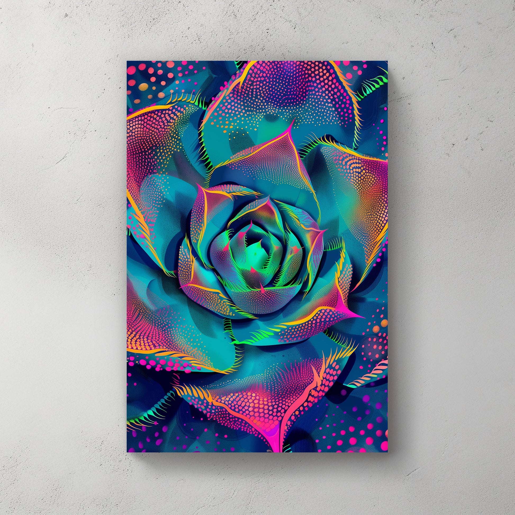 Bright, colorful abstract rose in neon hues of pink, blue, and green, radiating energy and vibrancy.