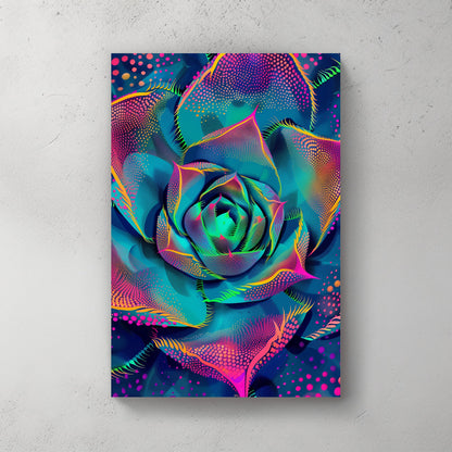 Bright, colorful abstract rose in neon hues of pink, blue, and green, radiating energy and vibrancy.