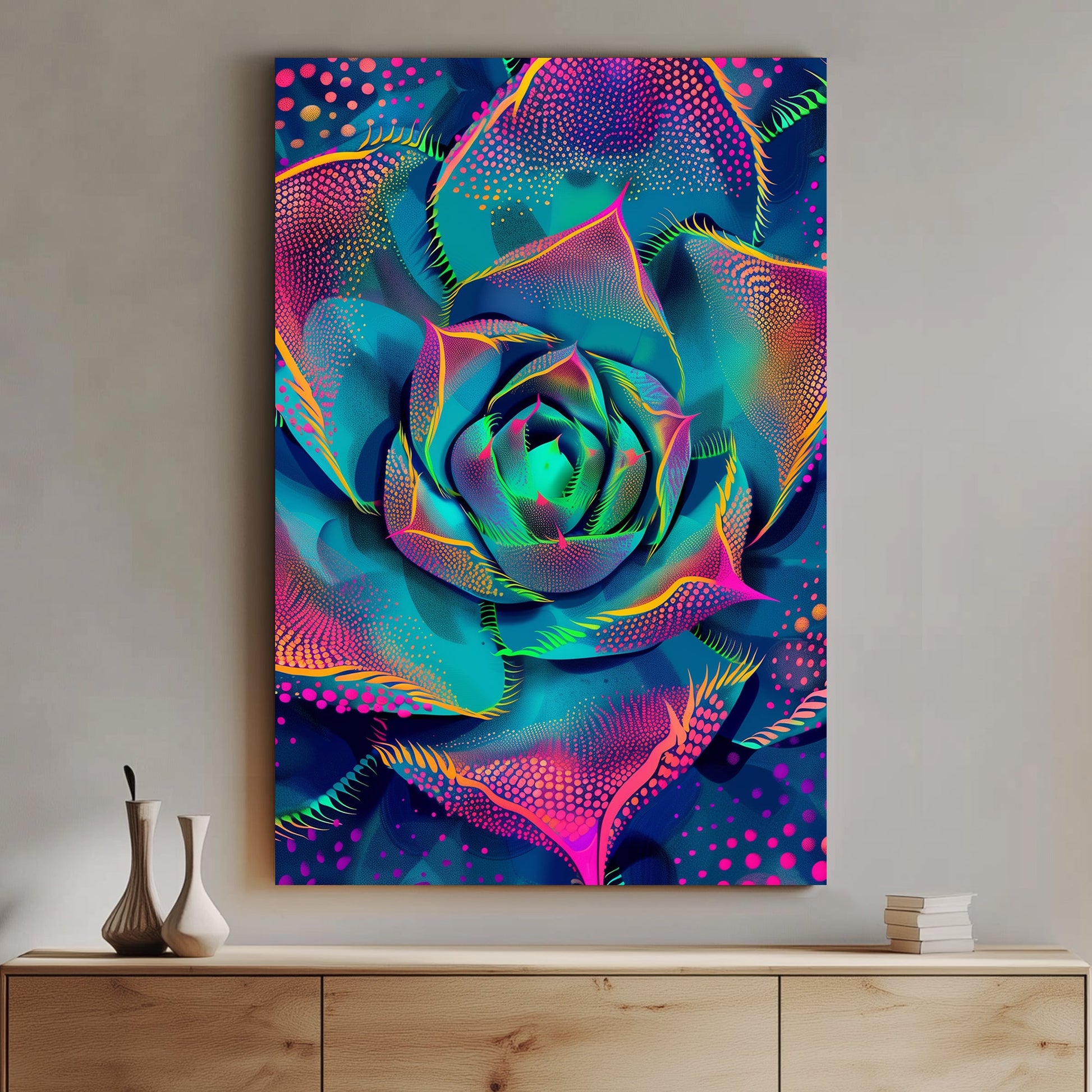 Bright, colorful abstract rose in neon hues of pink, blue, and green, radiating energy and vibrancy.