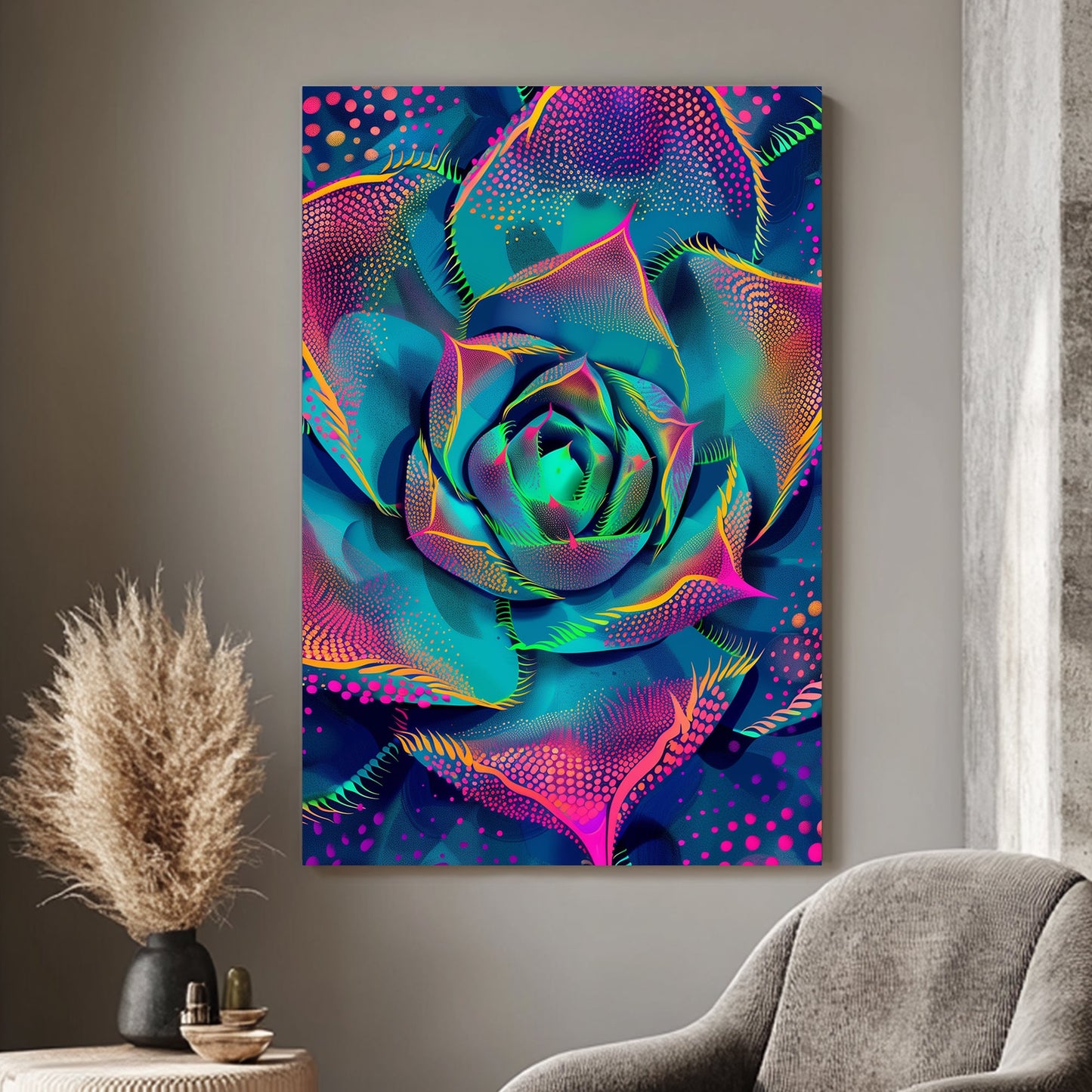 Bright, colorful abstract rose in neon hues of pink, blue, and green, radiating energy and vibrancy.