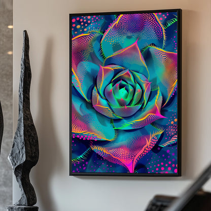 Bright, colorful abstract rose in neon hues of pink, blue, and green, radiating energy and vibrancy.