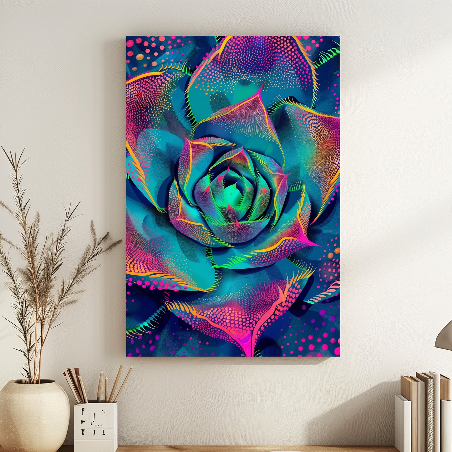 Bright, colorful abstract rose in neon hues of pink, blue, and green, radiating energy and vibrancy.