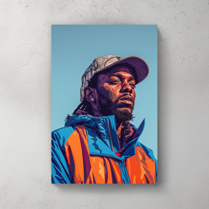 Pop art portrait of a man in a colorful blue and orange jacket, wearing a camouflage cap, exuding confidence and modern street style.