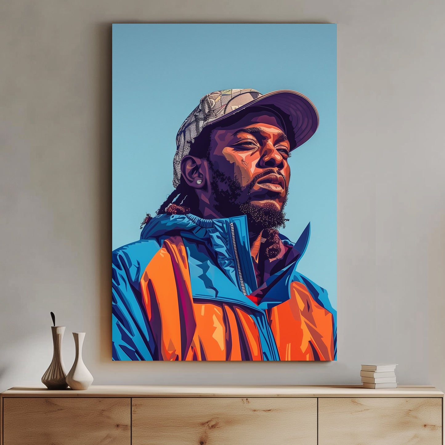 Pop art portrait of a man in a colorful blue and orange jacket, wearing a camouflage cap, exuding confidence and modern street style.