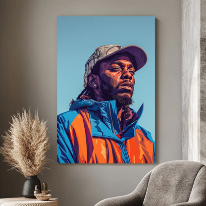 Pop art portrait of a man in a colorful blue and orange jacket, wearing a camouflage cap, exuding confidence and modern street style.