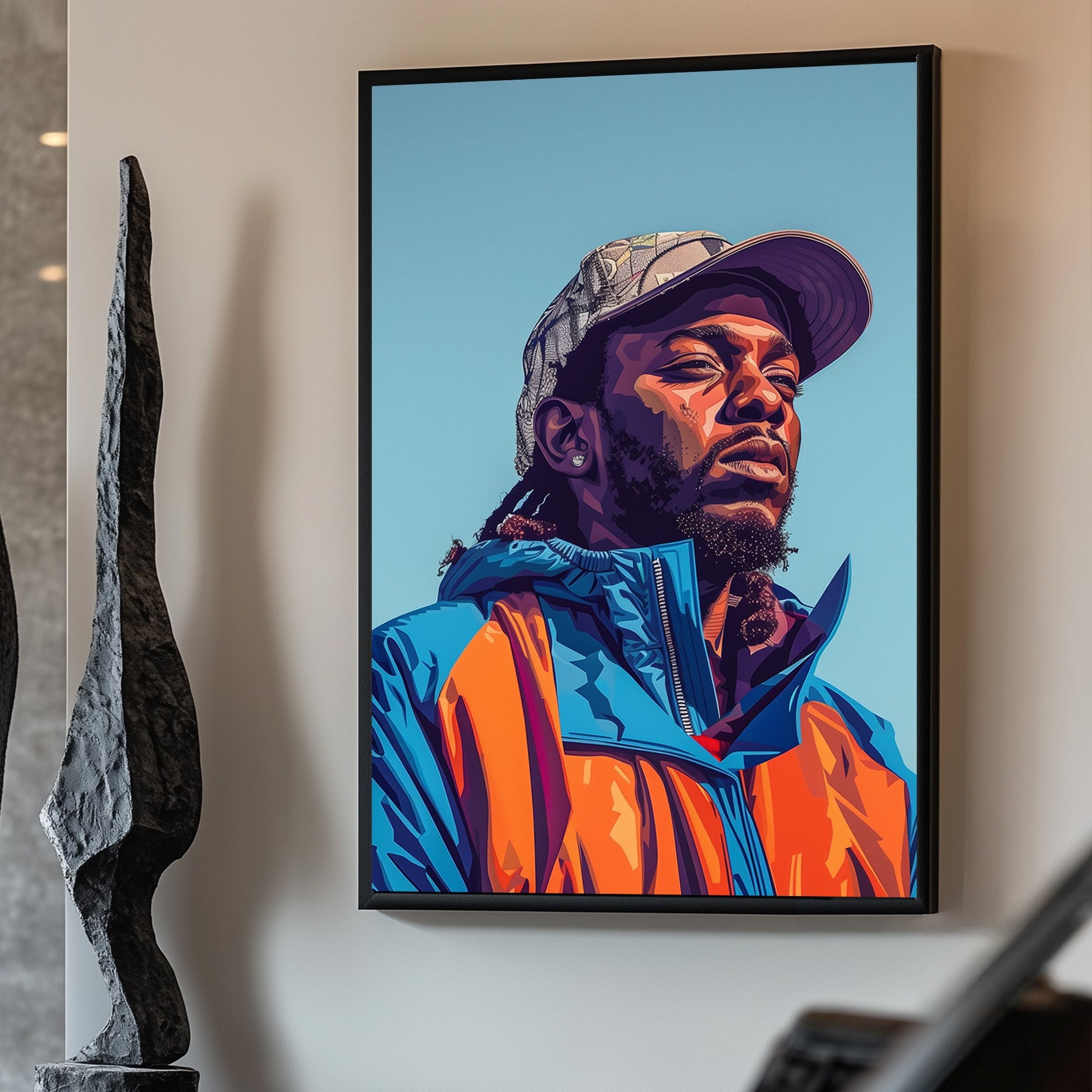 Pop art portrait of a man in a colorful blue and orange jacket, wearing a camouflage cap, exuding confidence and modern street style.