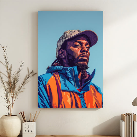 Pop art portrait of a man in a colorful blue and orange jacket, wearing a camouflage cap, exuding confidence and modern street style.