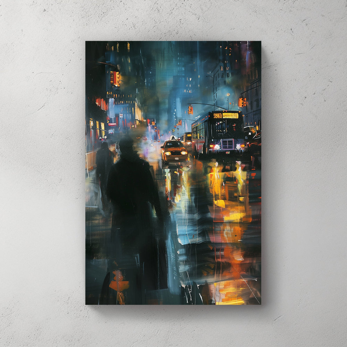 Impressionistic city scene at night with glowing streetlights, taxis, buses, and pedestrians, depicting a bustling urban atmosphere.