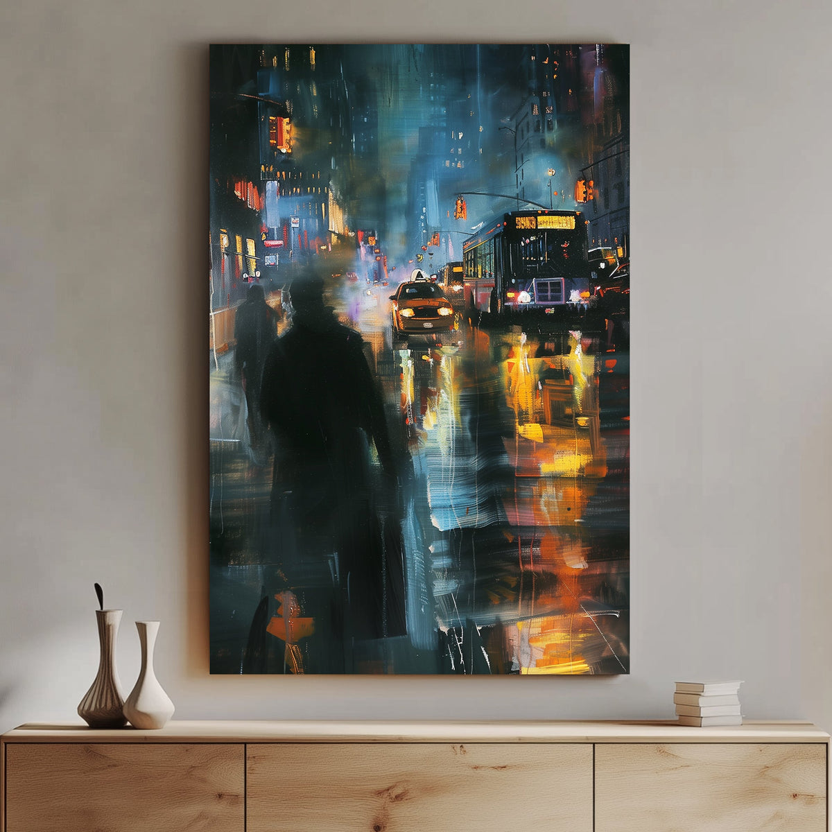 Impressionistic city scene at night with glowing streetlights, taxis, buses, and pedestrians, depicting a bustling urban atmosphere.