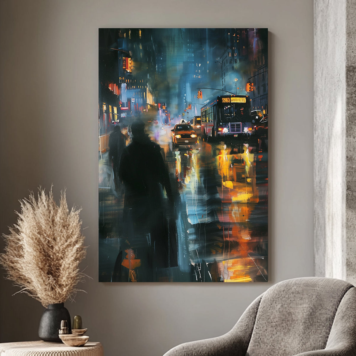 Impressionistic city scene at night with glowing streetlights, taxis, buses, and pedestrians, depicting a bustling urban atmosphere.