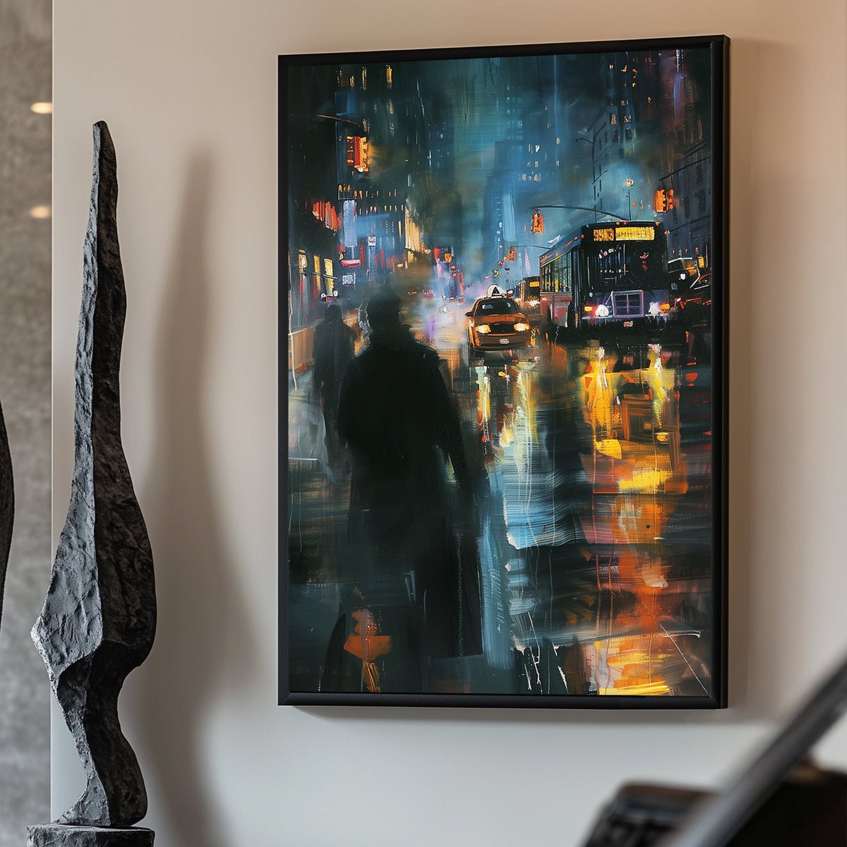 Impressionistic city scene at night with glowing streetlights, taxis, buses, and pedestrians, depicting a bustling urban atmosphere.