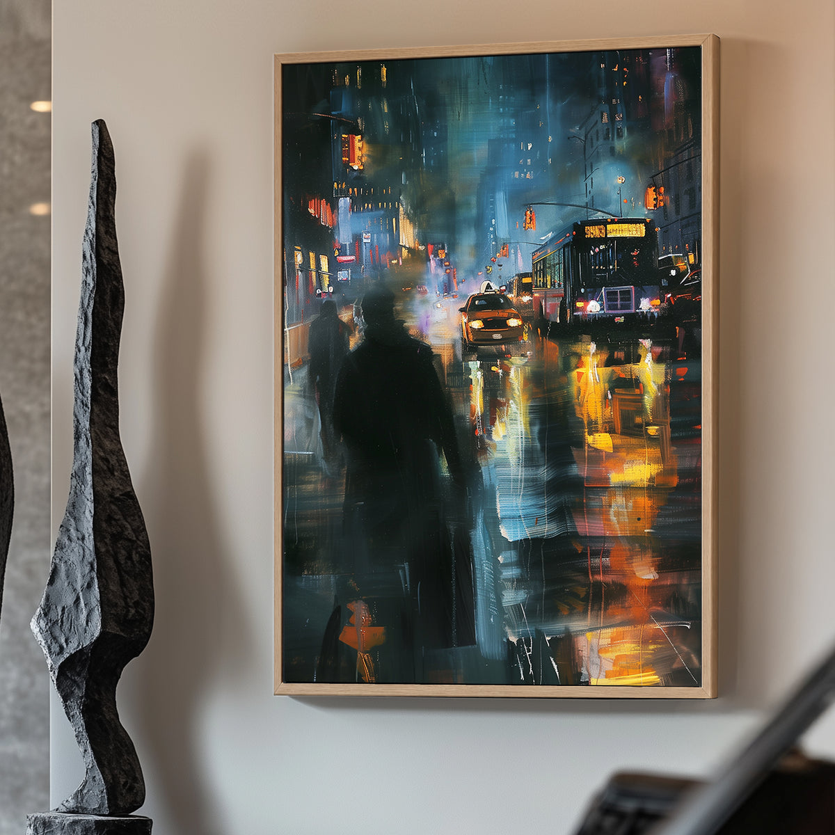 Impressionistic city scene at night with glowing streetlights, taxis, buses, and pedestrians, depicting a bustling urban atmosphere.