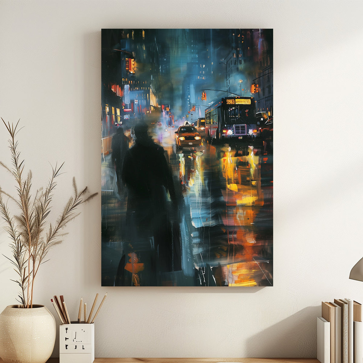 Impressionistic city scene at night with glowing streetlights, taxis, buses, and pedestrians, depicting a bustling urban atmosphere.