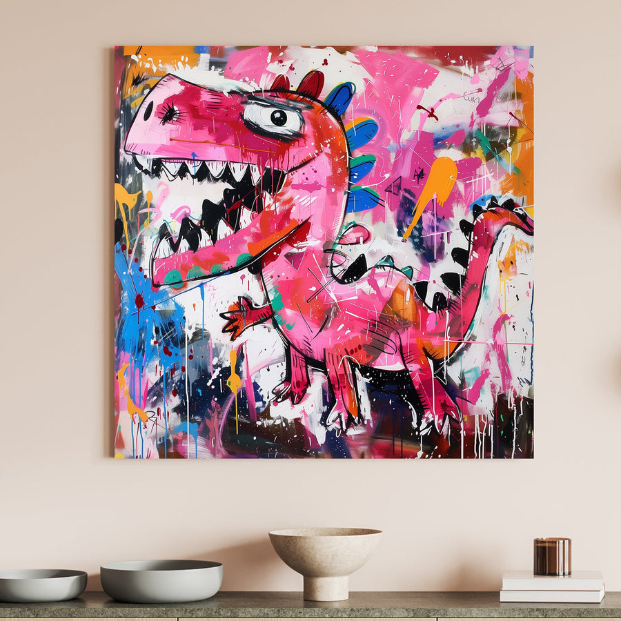 Graffiti-style artwork of a colorful pink dinosaur surrounded by bright splashes of paint in various colours.