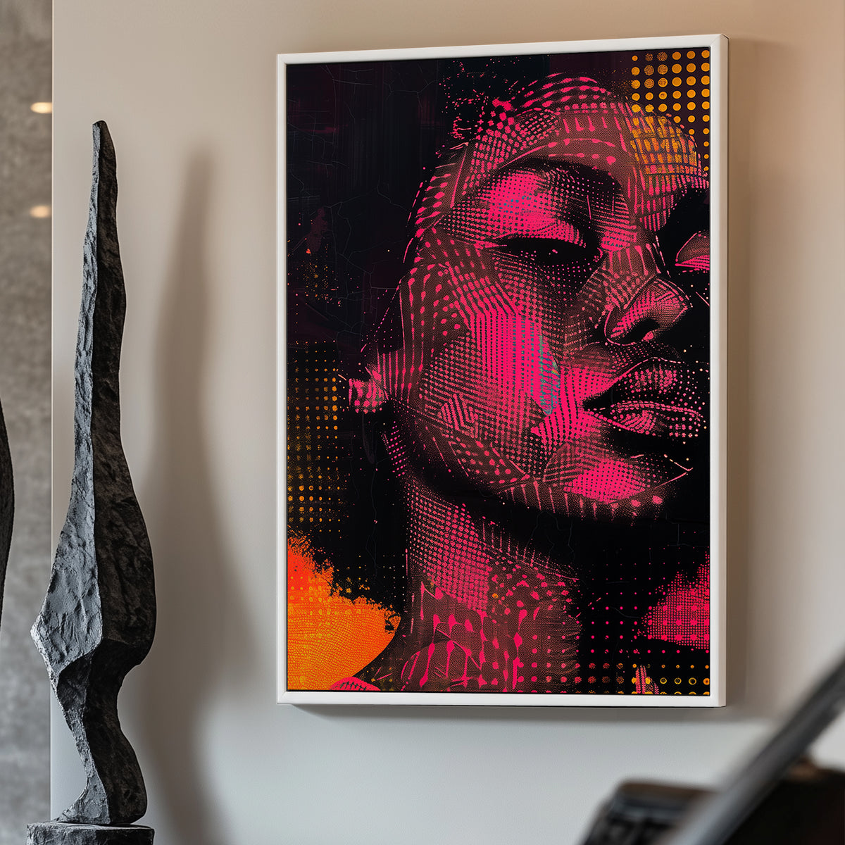 Abstract portrait of a woman in vibrant pink and orange, featuring geometric patterns and dots against a dark background.