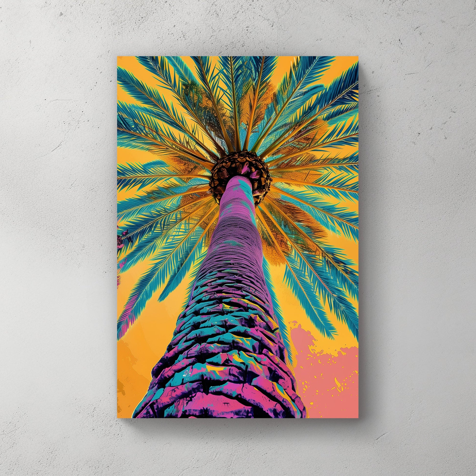 Colorful abstract depiction of a palm tree viewed from below, with vibrant purple, blue, and orange hues.