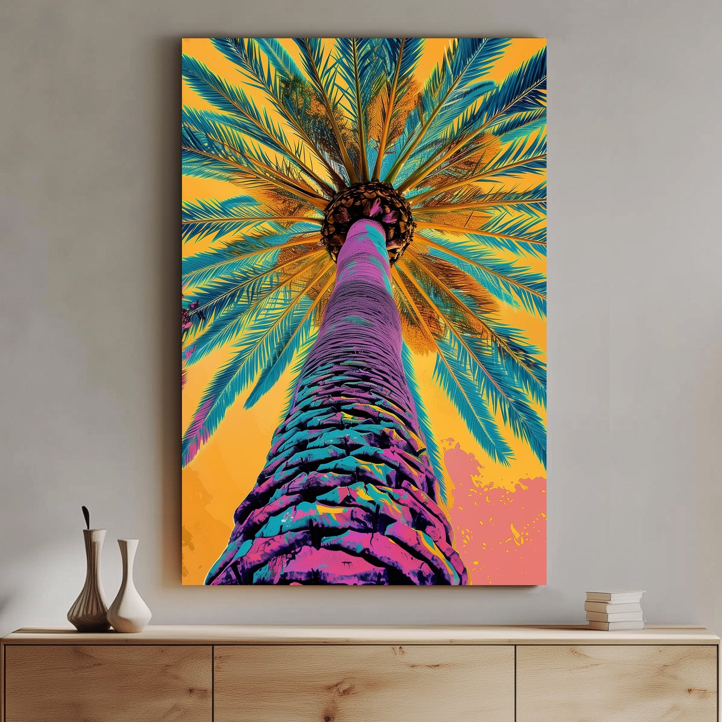 Colorful abstract depiction of a palm tree viewed from below, with vibrant purple, blue, and orange hues.