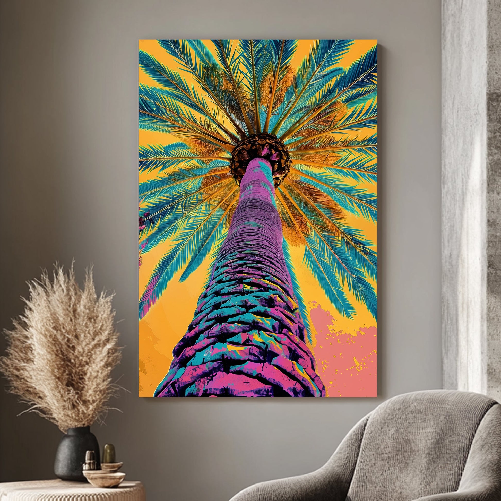 Colorful abstract depiction of a palm tree viewed from below, with vibrant purple, blue, and orange hues.