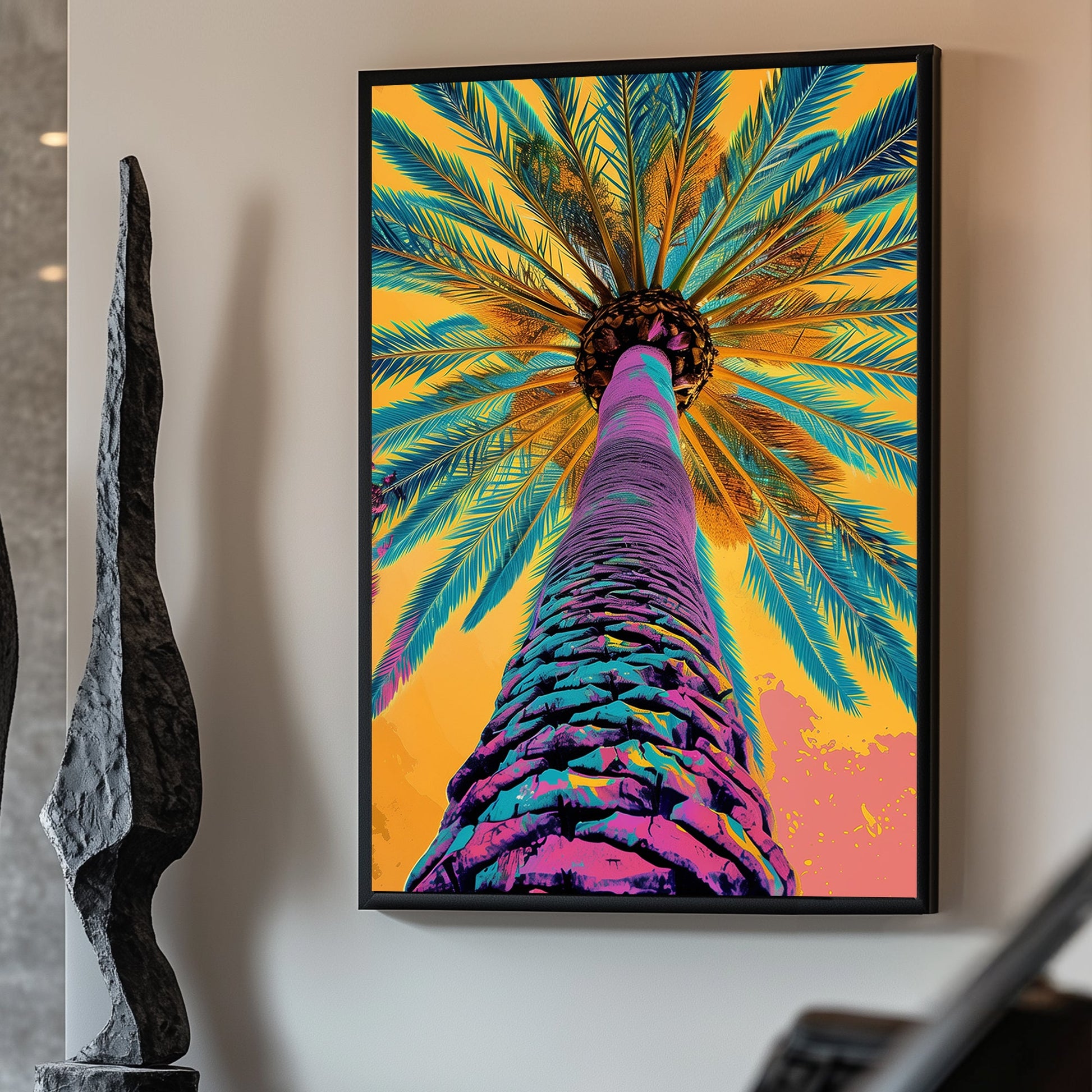 Colorful abstract depiction of a palm tree viewed from below, with vibrant purple, blue, and orange hues.