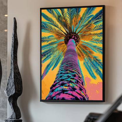 Colorful abstract depiction of a palm tree viewed from below, with vibrant purple, blue, and orange hues.