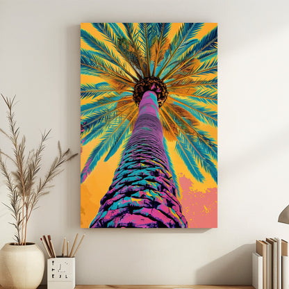 Colorful abstract depiction of a palm tree viewed from below, with vibrant purple, blue, and orange hues.