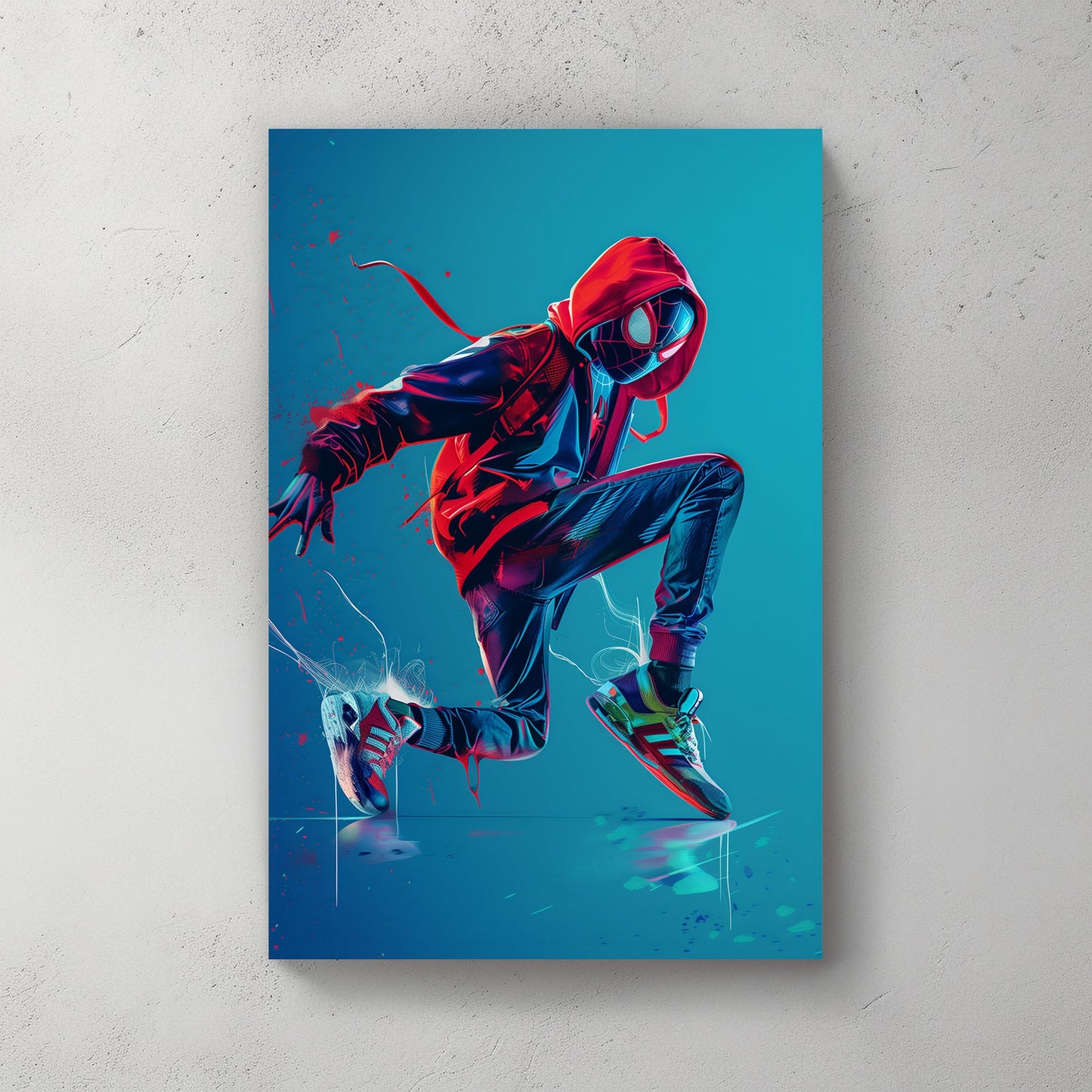 Energetic superhero in neon hues, wearing a hoodie and sneakers, frozen mid-action in a dynamic pose.