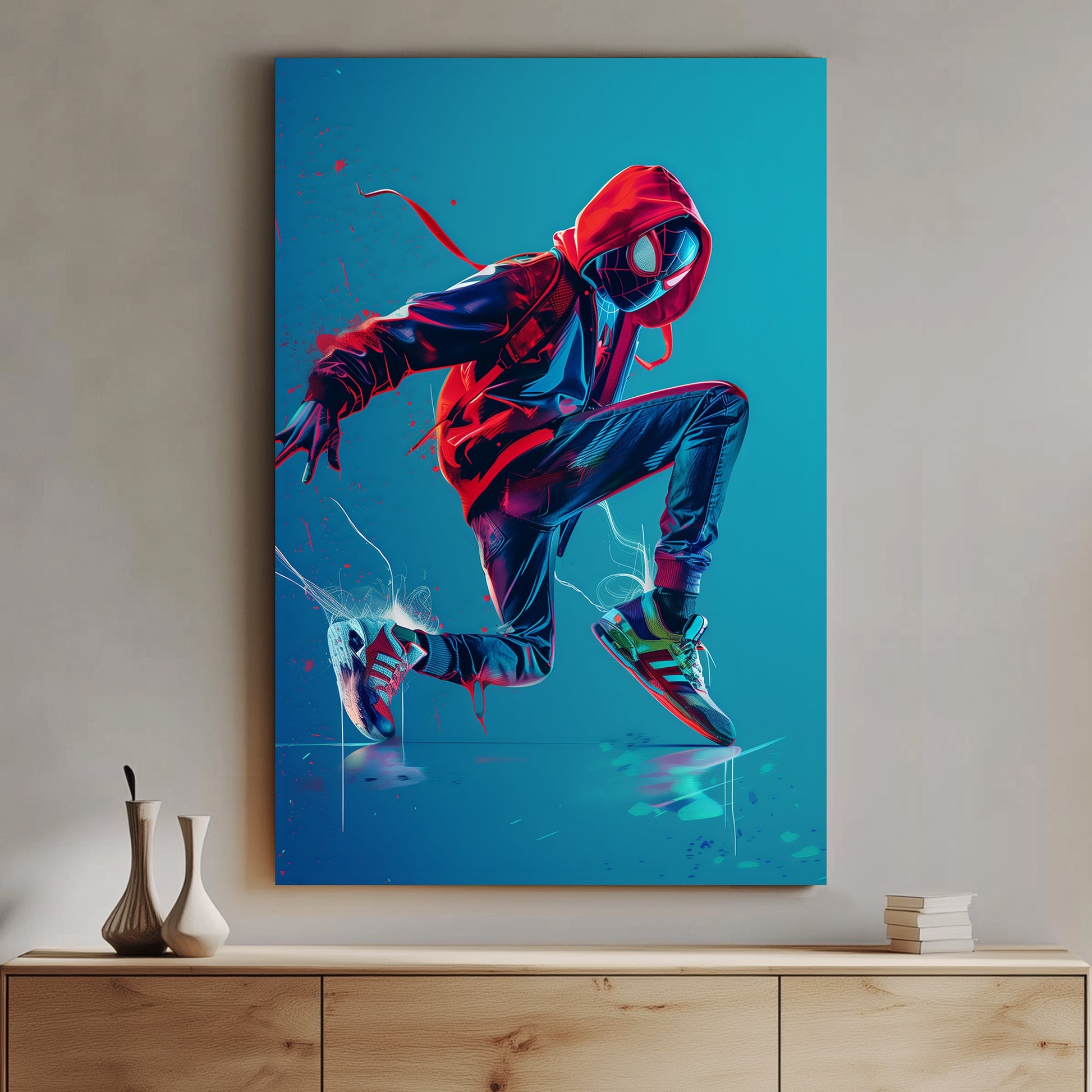 Energetic superhero in neon hues, wearing a hoodie and sneakers, frozen mid-action in a dynamic pose.