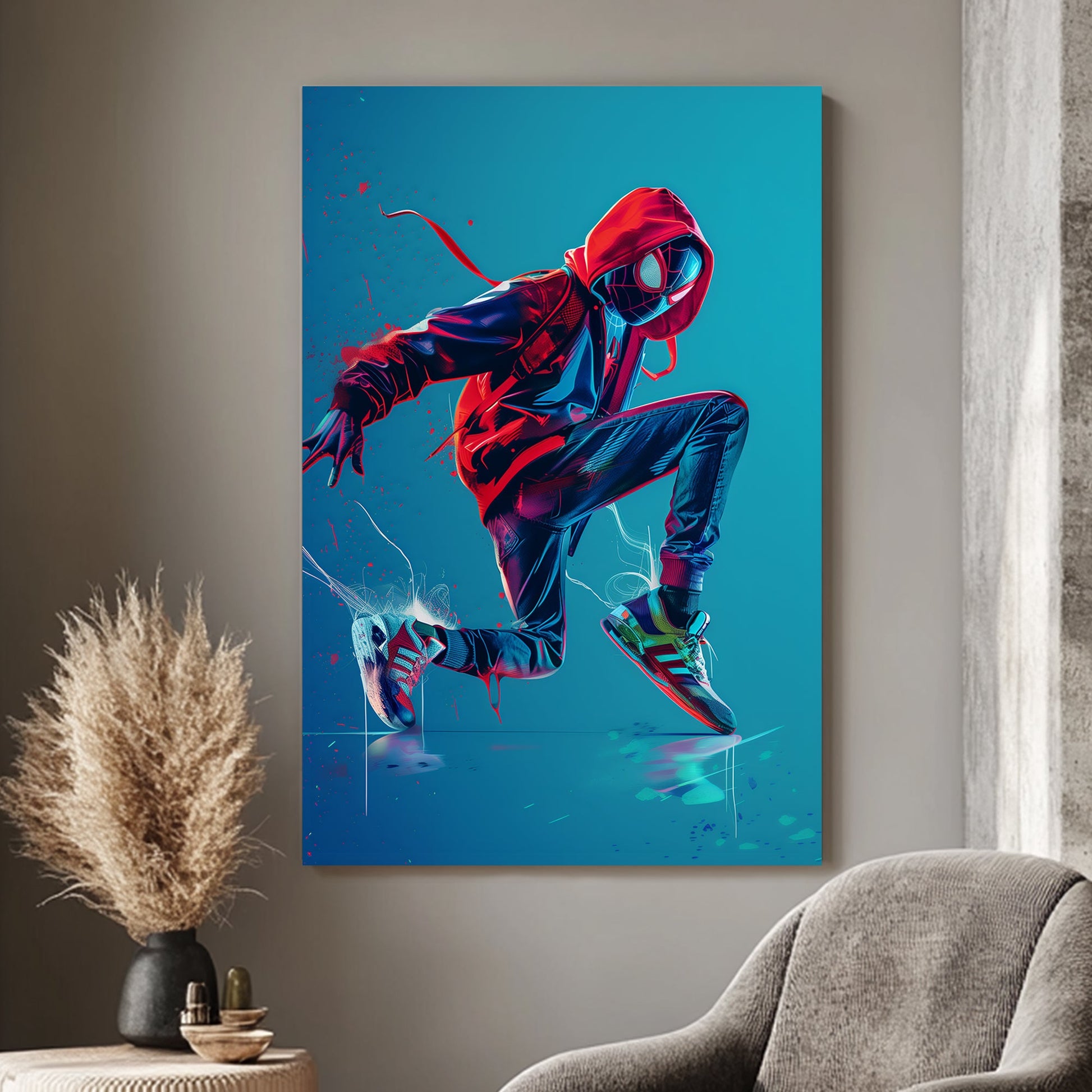 Energetic superhero in neon hues, wearing a hoodie and sneakers, frozen mid-action in a dynamic pose.