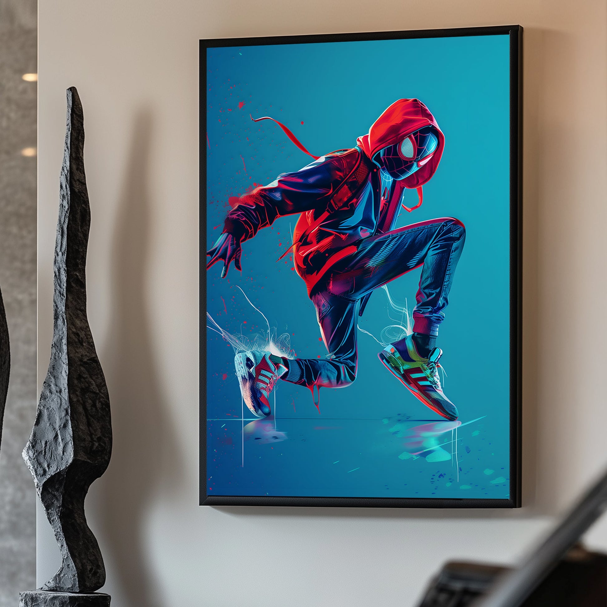 Energetic superhero in neon hues, wearing a hoodie and sneakers, frozen mid-action in a dynamic pose.