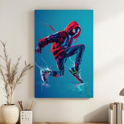 Energetic superhero in neon hues, wearing a hoodie and sneakers, frozen mid-action in a dynamic pose.