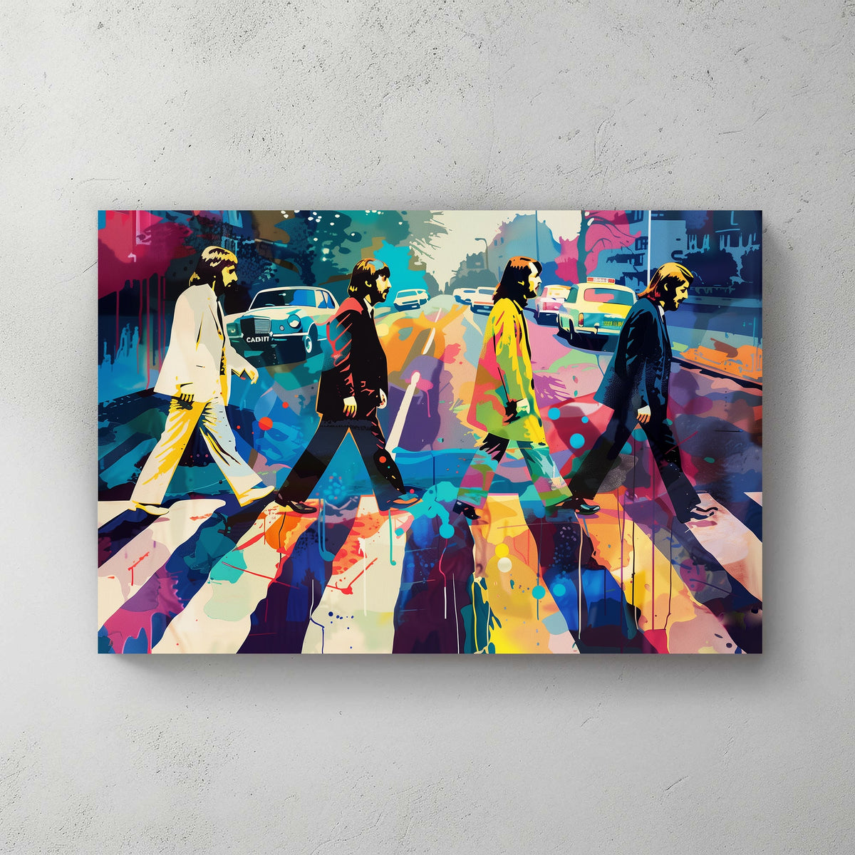 Colourful pop art version of the Beatles walking across Abbey Road, with vibrant splashes and bold outlines.
