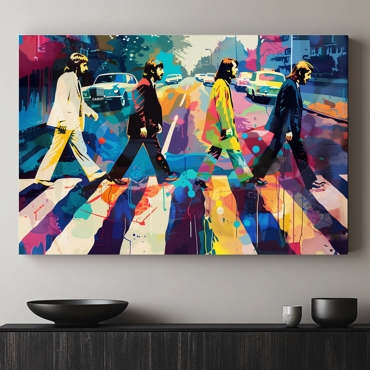 Colourful pop art version of the Beatles walking across Abbey Road, with vibrant splashes and bold outlines.