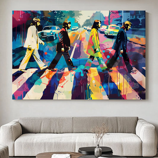 Colourful pop art version of the Beatles walking across Abbey Road, with vibrant splashes and bold outlines.