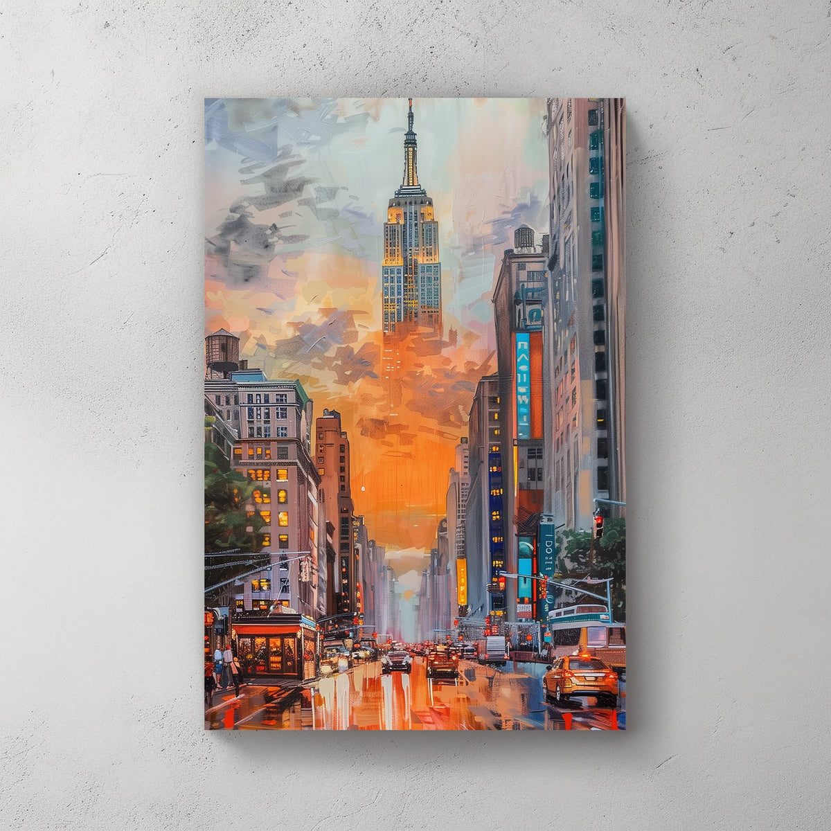 Vibrant cityscape of the Empire State Building, illuminated at dusk with reflections of city lights on wet streets.