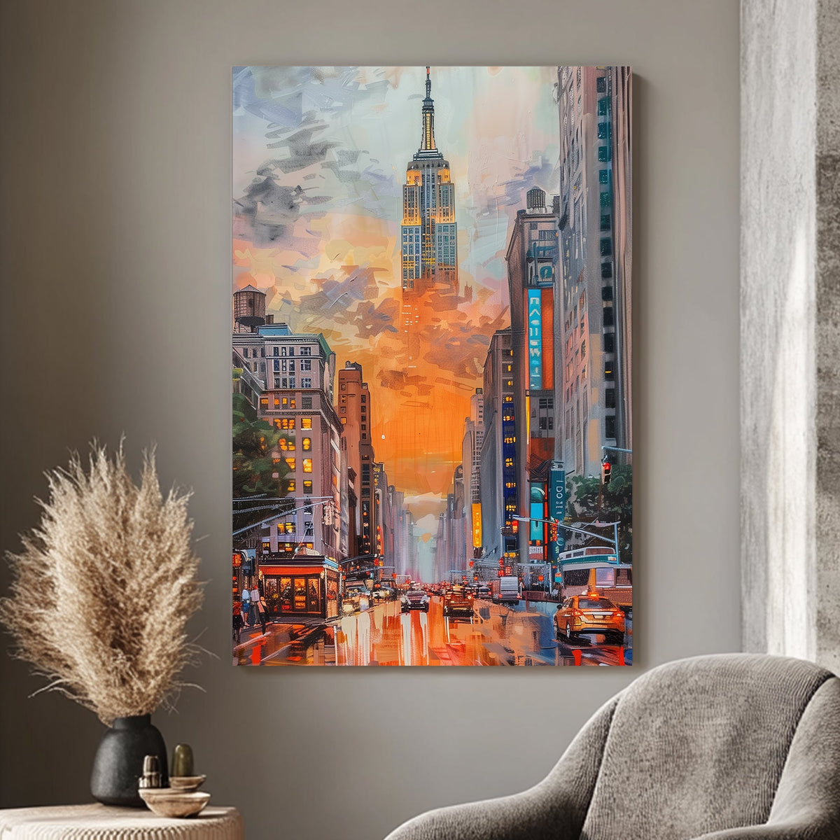 Vibrant cityscape of the Empire State Building, illuminated at dusk with reflections of city lights on wet streets.