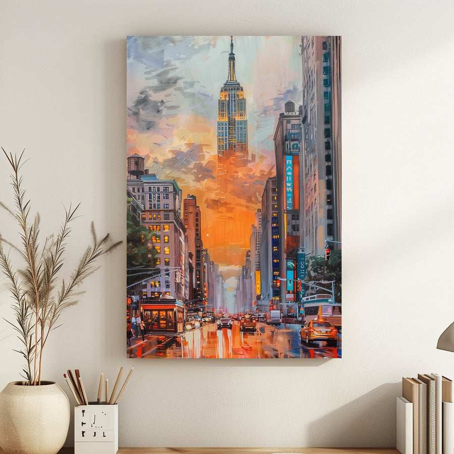 Vibrant cityscape of the Empire State Building, illuminated at dusk with reflections of city lights on wet streets.