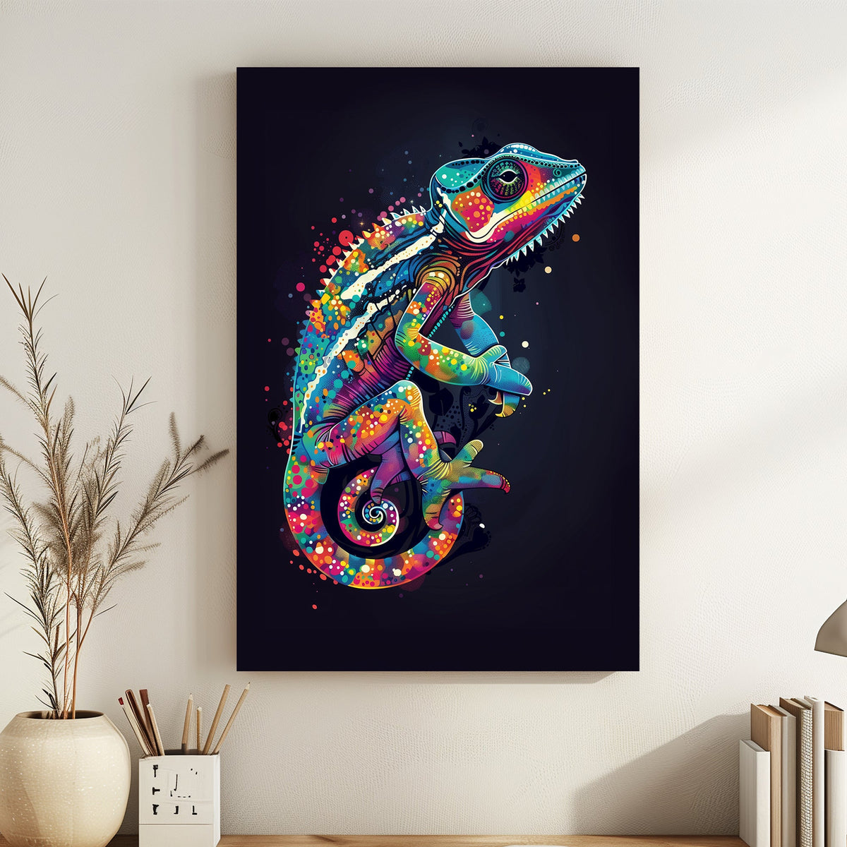 A vibrant, colorful iguana in abstract pop art style, featuring bold neon hues and splashes of color.