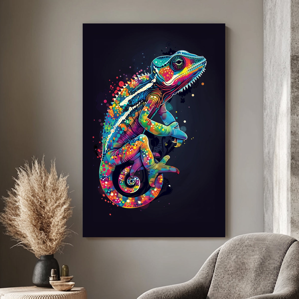 A vibrant, colorful iguana in abstract pop art style, featuring bold neon hues and splashes of color.