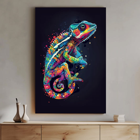 A vibrant, colorful iguana in abstract pop art style, featuring bold neon hues and splashes of color.
