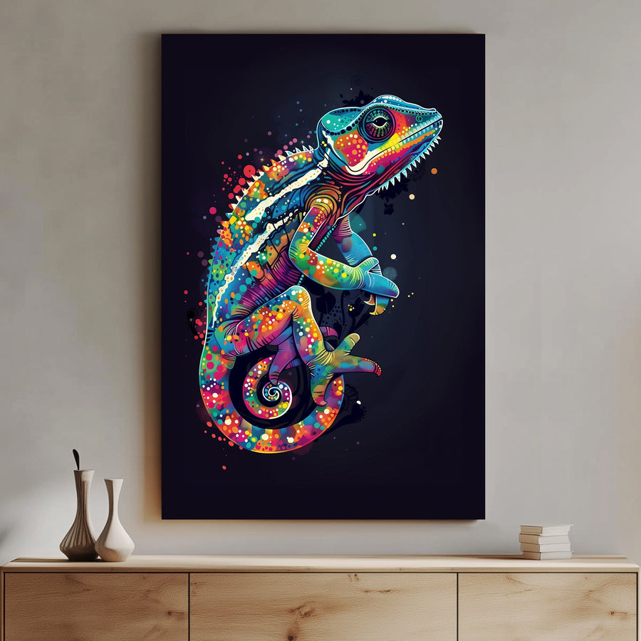 A vibrant, colorful iguana in abstract pop art style, featuring bold neon hues and splashes of color.