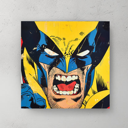 A dynamic, pop art depiction of Wolverine from comic books, with a fierce expression, bright yellow background, and bold color contrasts.