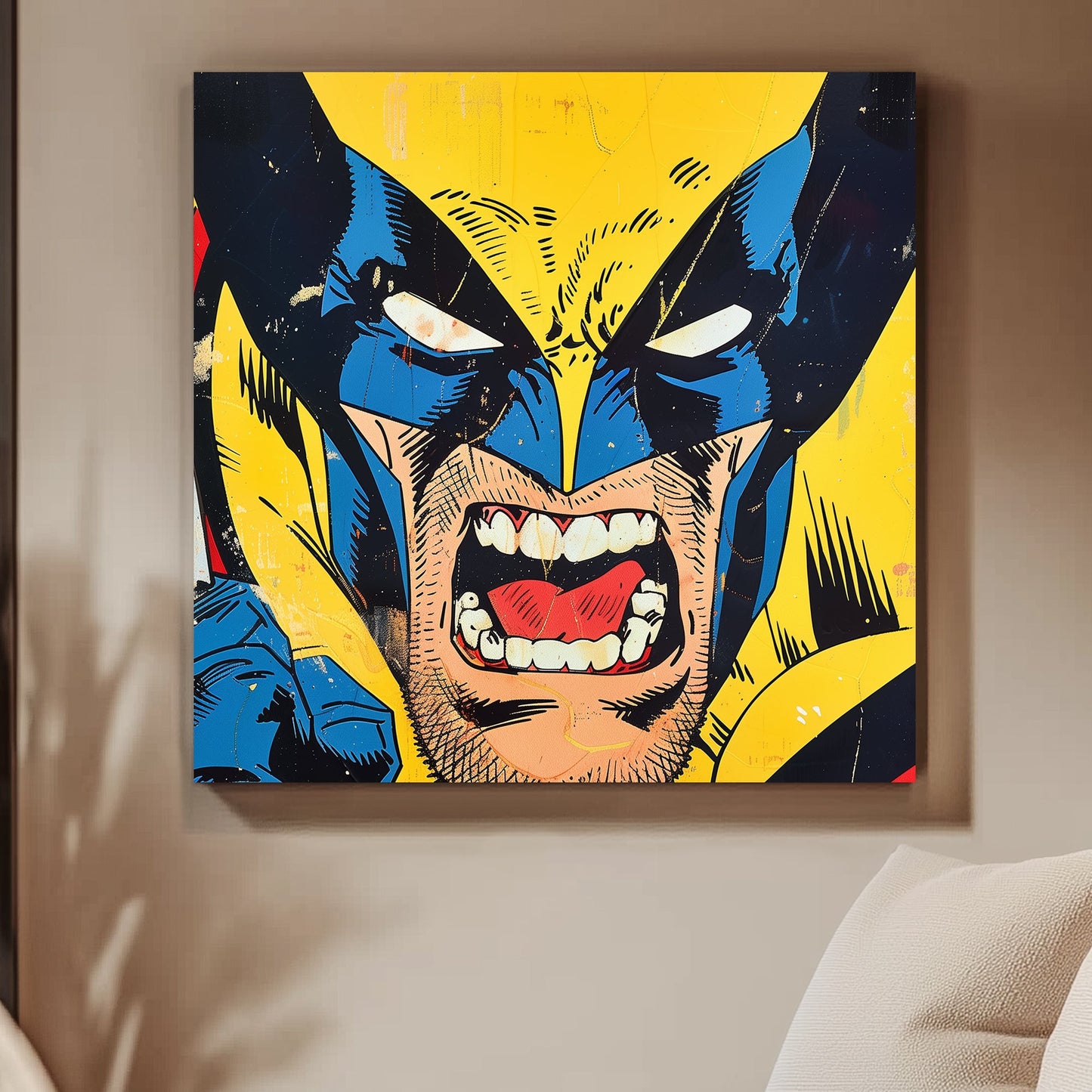 A dynamic, pop art depiction of Wolverine from comic books, with a fierce expression, bright yellow background, and bold color contrasts.