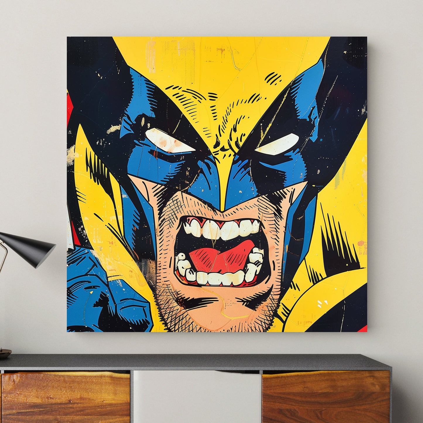 A dynamic, pop art depiction of Wolverine from comic books, with a fierce expression, bright yellow background, and bold color contrasts.