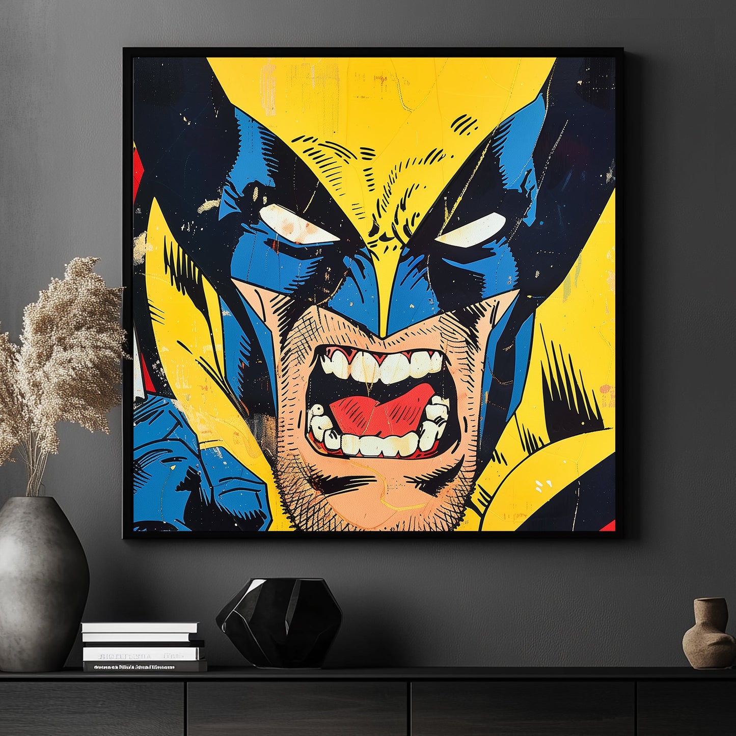 A dynamic, pop art depiction of Wolverine from comic books, with a fierce expression, bright yellow background, and bold color contrasts.