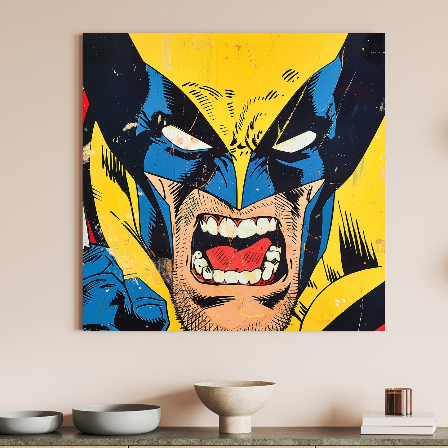 A dynamic, pop art depiction of Wolverine from comic books, with a fierce expression, bright yellow background, and bold color contrasts.