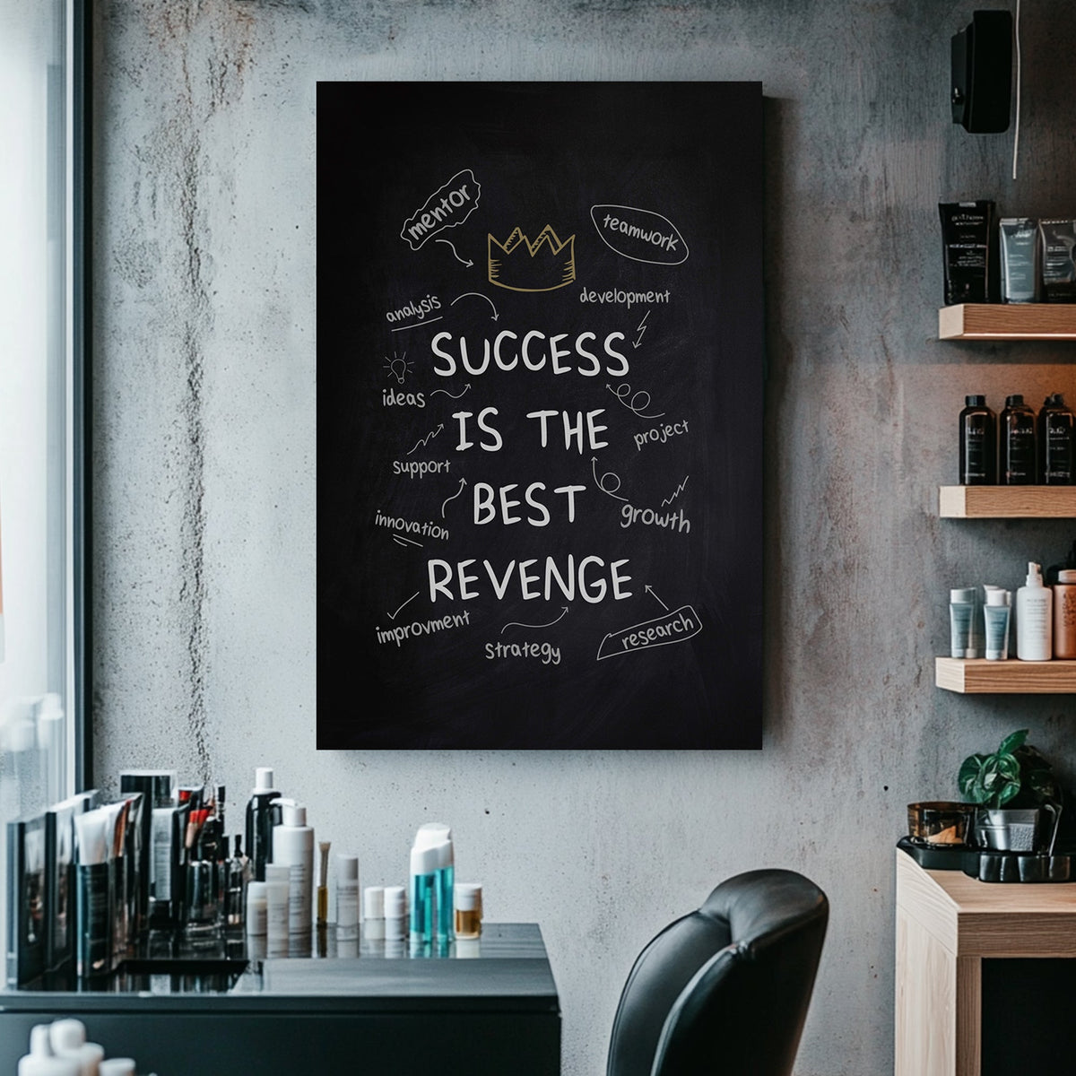 A motivational wall art print chalkboard-style design with the phrase "Success is the Best Revenge" surrounded by words like innovation, teamwork, and growth.