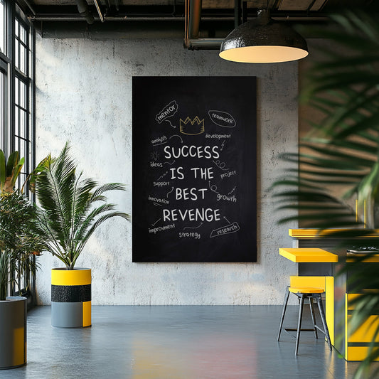 A motivational wall art print chalkboard-style design with the phrase "Success is the Best Revenge" surrounded by words like innovation, teamwork, and growth.