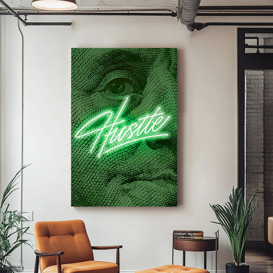 A neon green wall art print with "Hustle" script glowing against a close-up of a U.S. dollar bill texture, radiating ambition and determination.