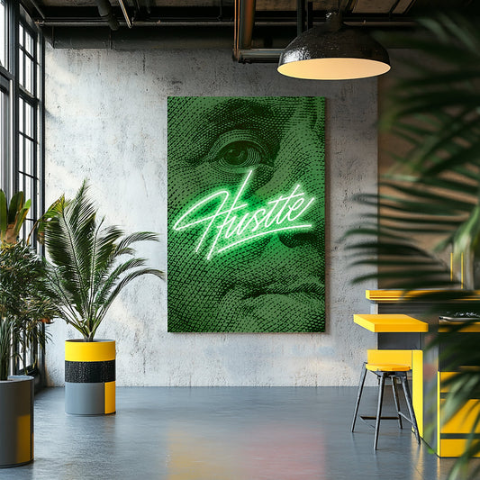 A neon green wall art print with "Hustle" script glowing against a close-up of a U.S. dollar bill texture, radiating ambition and determination.