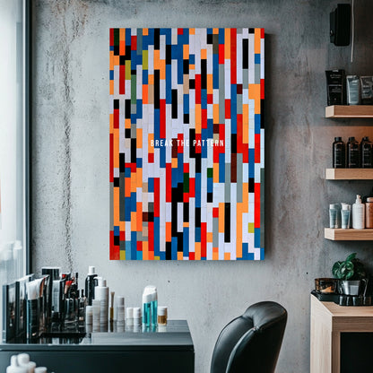 A vibrant abstract wall art print composition of colourful vertical rectangles with the text "Break the Pattern" in white, representing individuality and change.